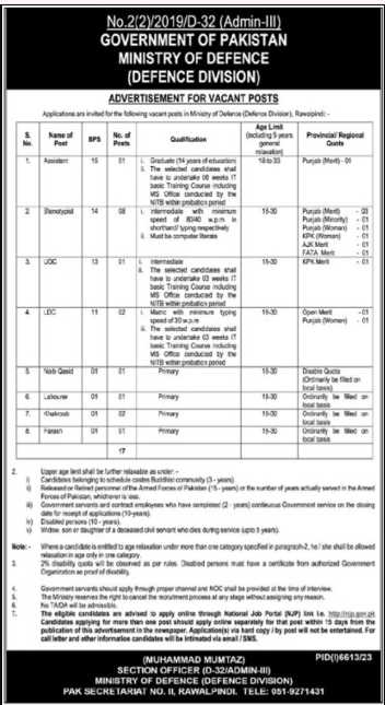 Ministry of Defence Management Jobs 